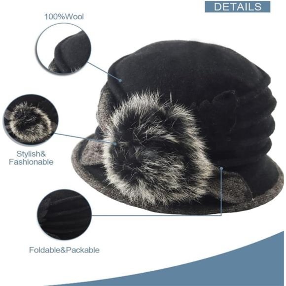 Women\'s Vintage Felt Bucket Hat Winter Wool Dress Beret Hat, Black main image 6
